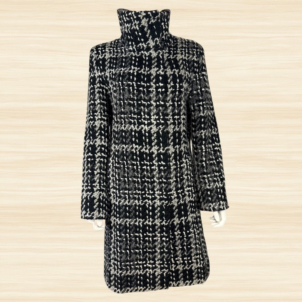 DKNY Black and White Tweed Boucle Wool Blend Coat Oversized Collar Longline L